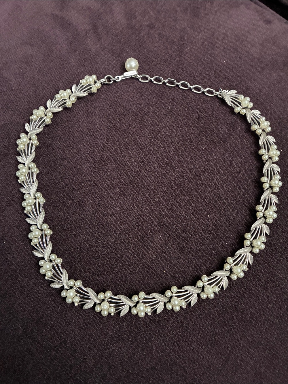 Trifari Silver Pearl Floral Choker Necklace - Women Jewelry